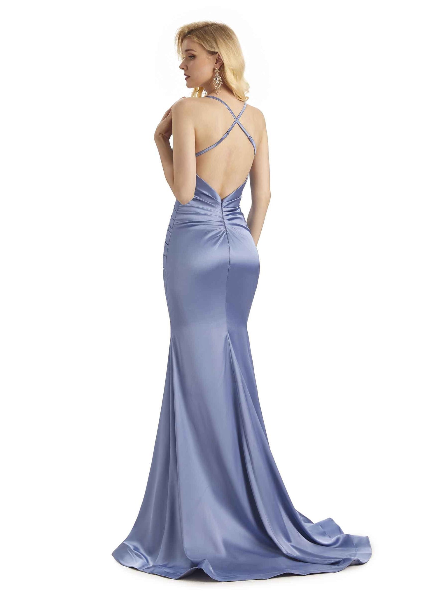 Sexy Backless Satin Mermaid Spaghetti Straps V-Neck Slip Long Bridesmaid Dresses UK