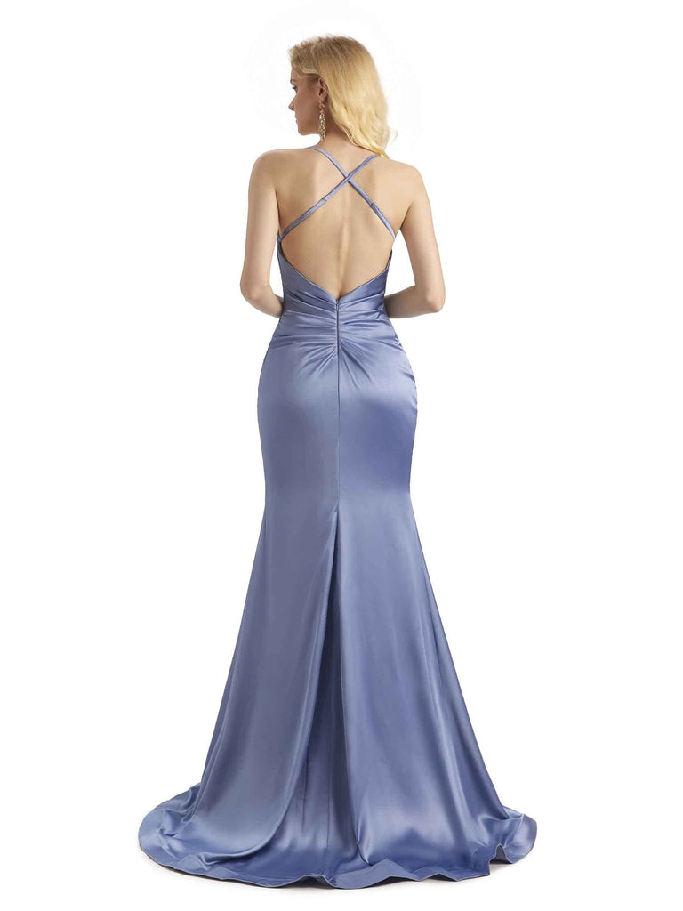 Sexy Backless Satin Mermaid Spaghetti Straps V-Neck Long Bridesmaid Dresses UK Online Sale