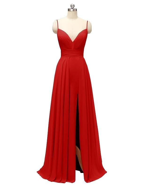 Elegant Chiffon Spaghetti Straps Side Slit Long Bridesmaid Dresses UK Online