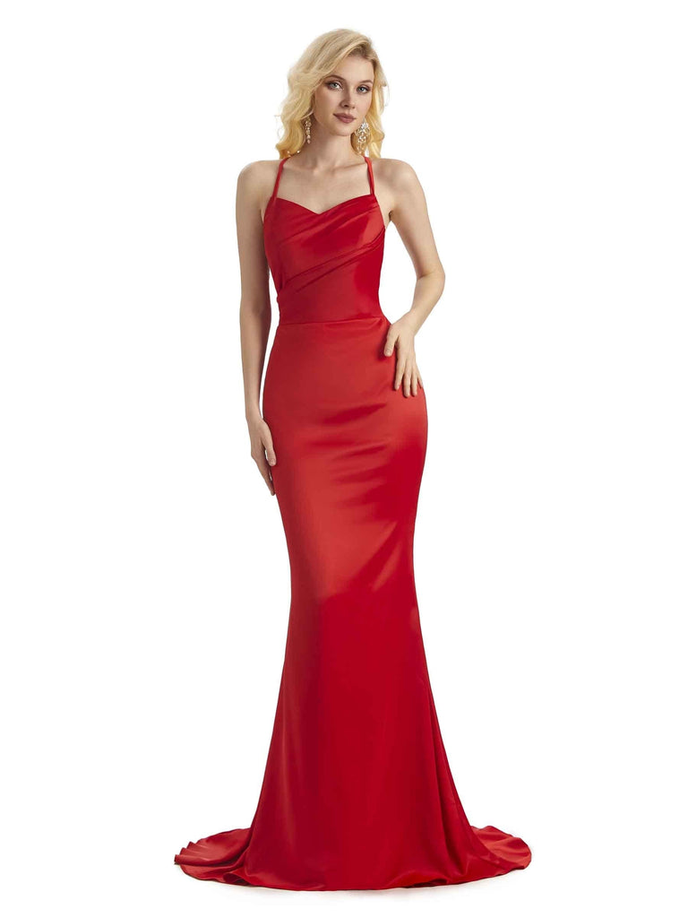 Sexy Criss Cross Mermaid Spaghetti Straps V-Neck Long Satin Bridesmaid Dresses UK Online Sale