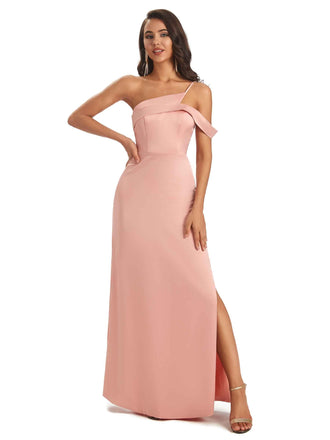 Sexy Soft Satin Side Slit One Shoulder Floor-Length Long Prom Dresses Online