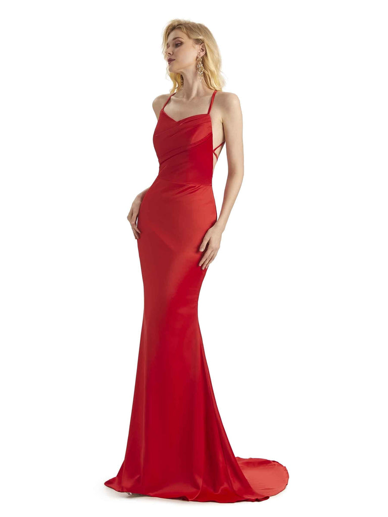 Sexy Criss Cross Mermaid Spaghetti Straps V-Neck Long Satin Bridesmaid Dresses UK Online Sale