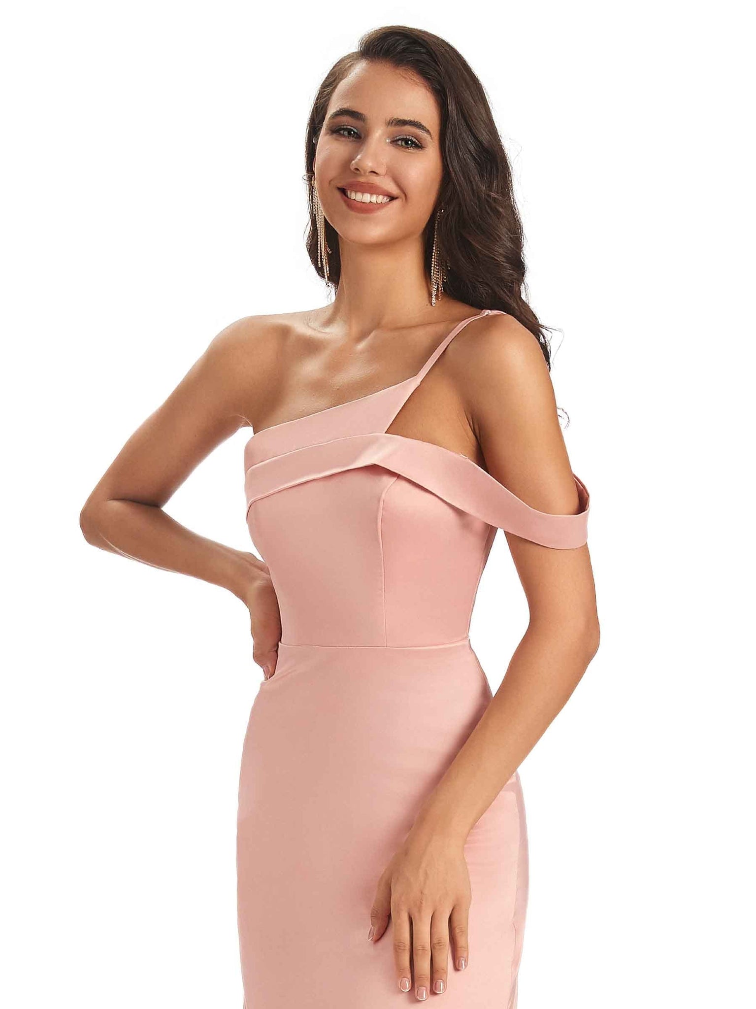 Sexy Soft Satin Side Slit One Shoulder Floor-Length Long Prom Dresses Online