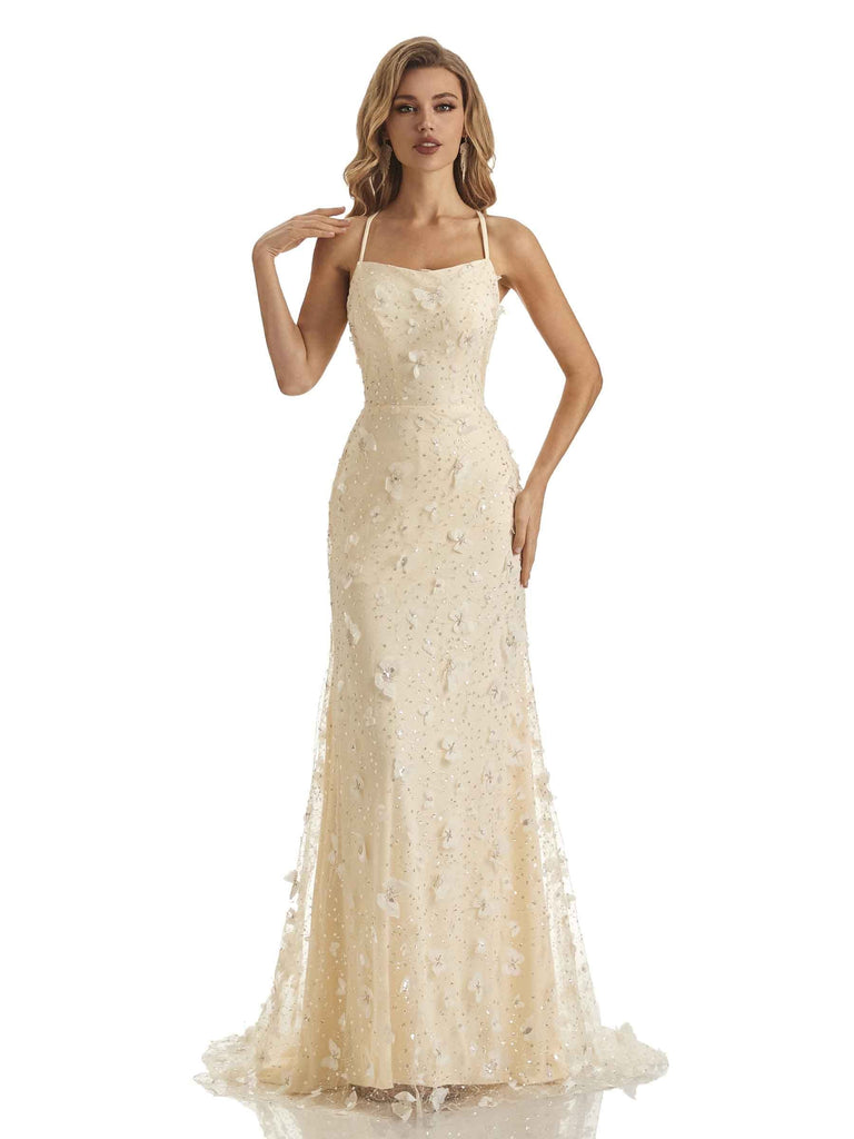 Lace Mermaid Applique Spaghetti Straps Floor-length Long Party Prom Dresses