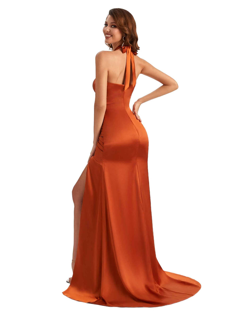Halter Sexy Side slit Mermaid Silky Satin Unique Long Evening Dresses For Wedding