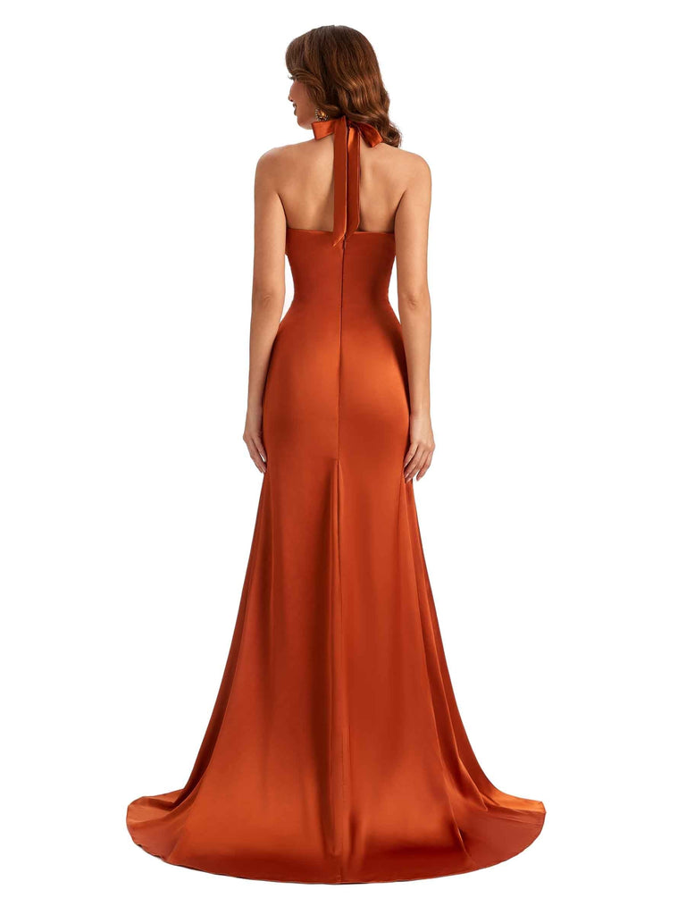 Halter Sexy Side slit Mermaid Silky Satin Unique Long Evening Dresses For Wedding