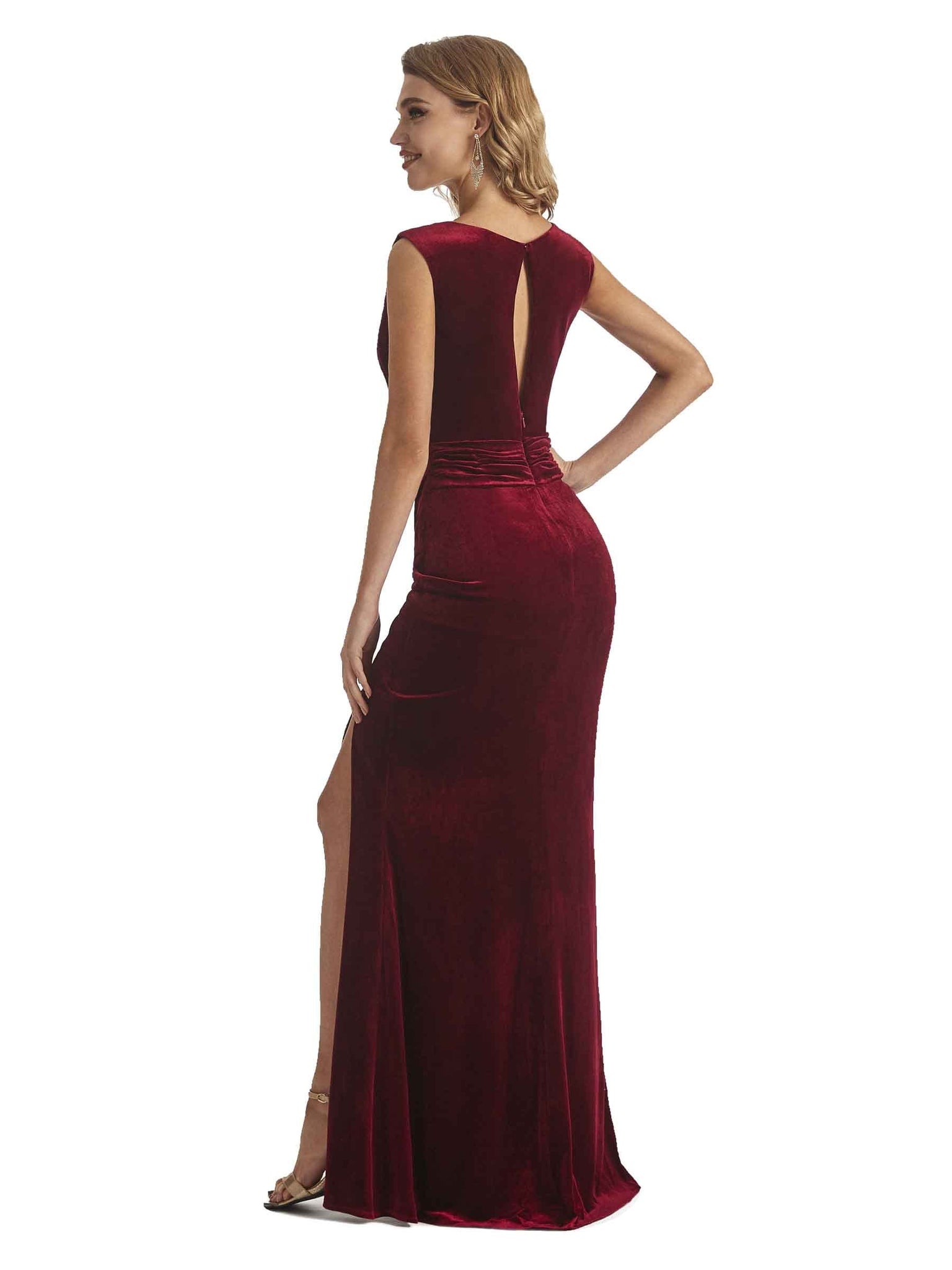 Sexy Side Slit Mermaid Scoop Velvet Long Bridesmaid Dresses UK Online