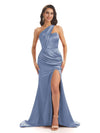 Dusty Blue Sexy Chic Silky Mismatched Soft Satin Mermaid Long Bridesmaid Dresses UK