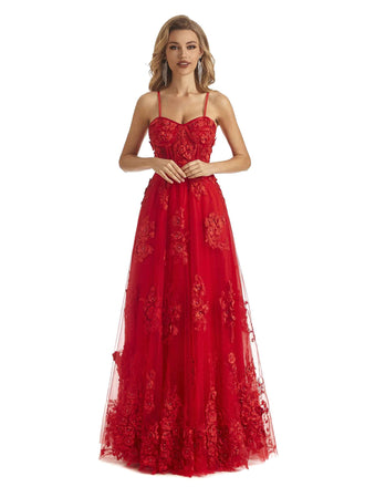 Sexy Lace A-line Applique Spaghetti Straps Floor-length Long Party Prom Dresses