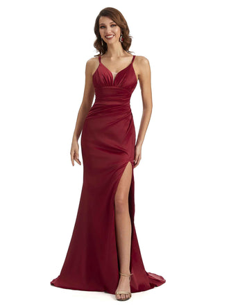 Sexy Side Slit Mermaid Silky Satin Spaghetti Straps Unique Long Matron of Honor Dresses Online