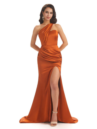 Sexy Soft Satin Side Slit One Shoulder Floor-Length Long Mermaid Bridesmaid Dresses UK Online Sale