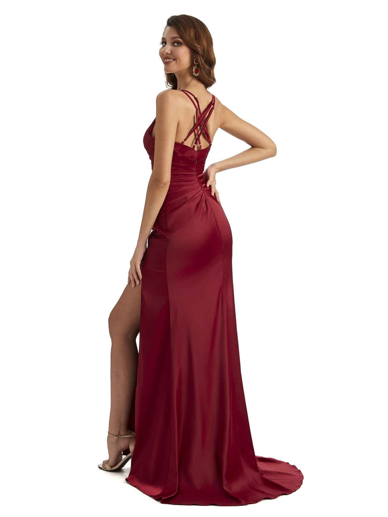 Sexy Side Slit Mermaid Silky Satin Spaghetti Straps Unique Long Matron of Honor Dresses Online