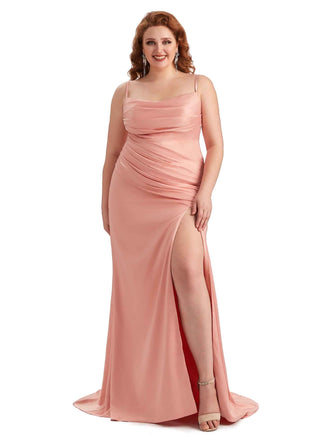 Sexy Side Slit Mermaid Soft Satin Long Bridesmaid Dress For Plus Size