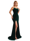 Elegant Mermaid Spaghetti Straps Side Slit Velvet Long Bridesmaid Dresses UK