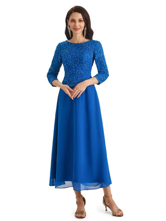 Elegant A-Line Chiffon Long Sleeves Lace Beaded Short Groom of The Bride Dresses