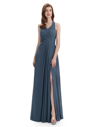 Elegant Halter Side Slit Floor Length Chiffon Long Bridesmaid Dresses UK