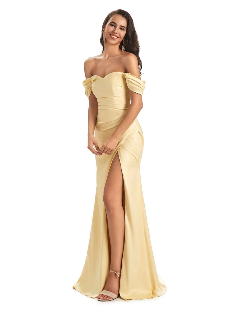 Sexy Off-shoulder Sweetheart Soft Satin Side Slit Mermaid long Long Prom Dresses