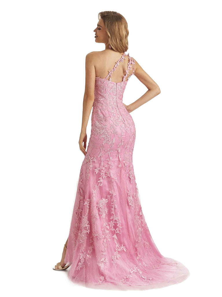 Elegant Lace Mermaid Applique One shoulder Floor-length Long Party Prom Dresses