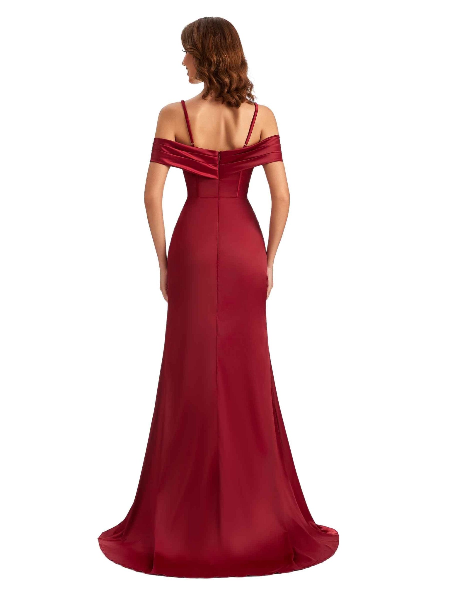 Sexy Side Slit Mermaid Satin Cold Shoulder Lace Long Womens Wedding Bridesmaid  Dresses