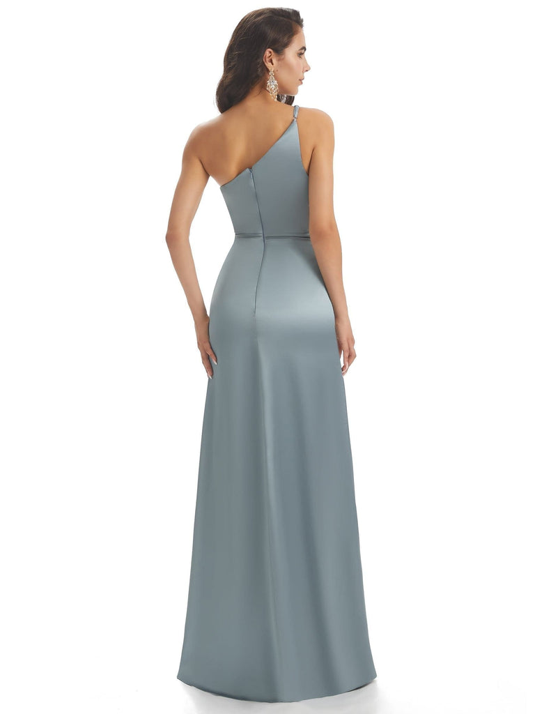 Sexy Side Slit Soft Satin One Shoulder  Mermaid Long Bridesmaid Dresses UK Online Sale