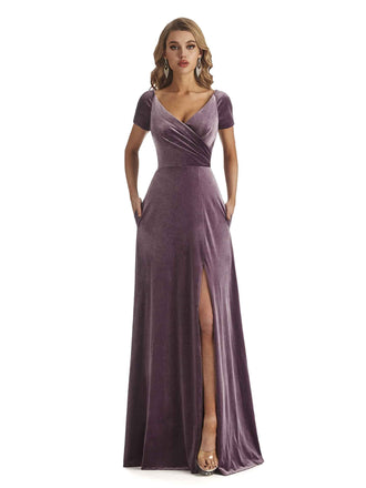 Elegant Sheath Velvet Short Sleeves Side-Slit Long Bridesmaid Dresses Online