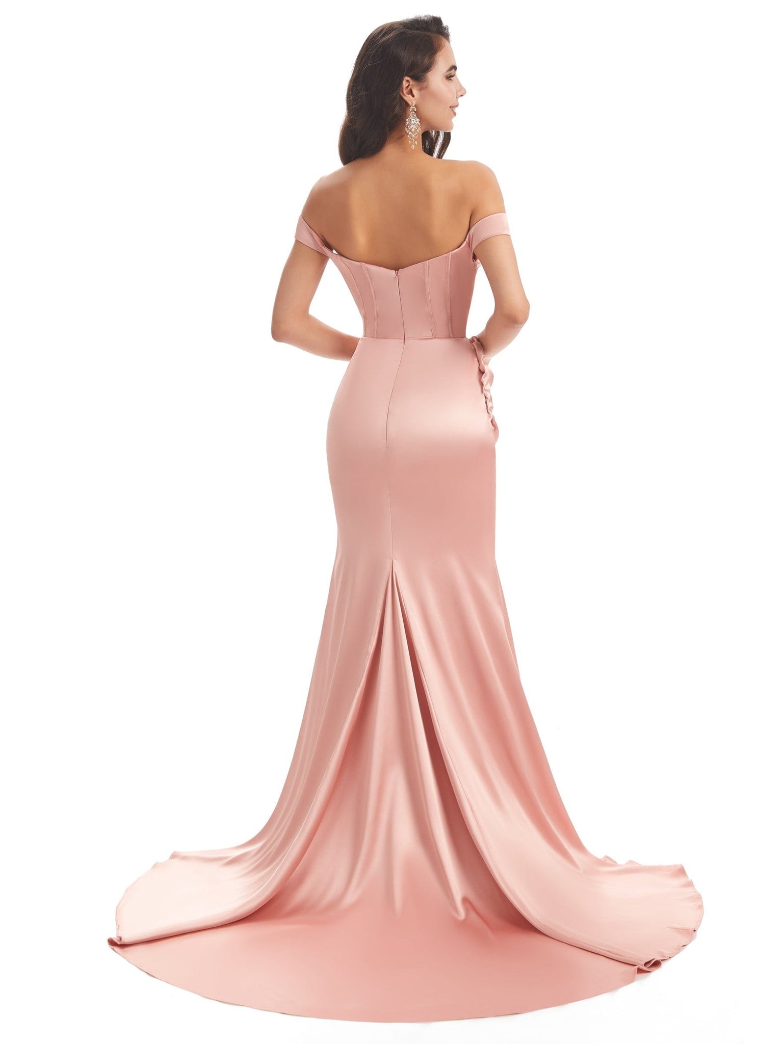 Sexy Side Slit Soft Satin Off The Shoulder Long Mermaid Bridesmaid Dresses UK