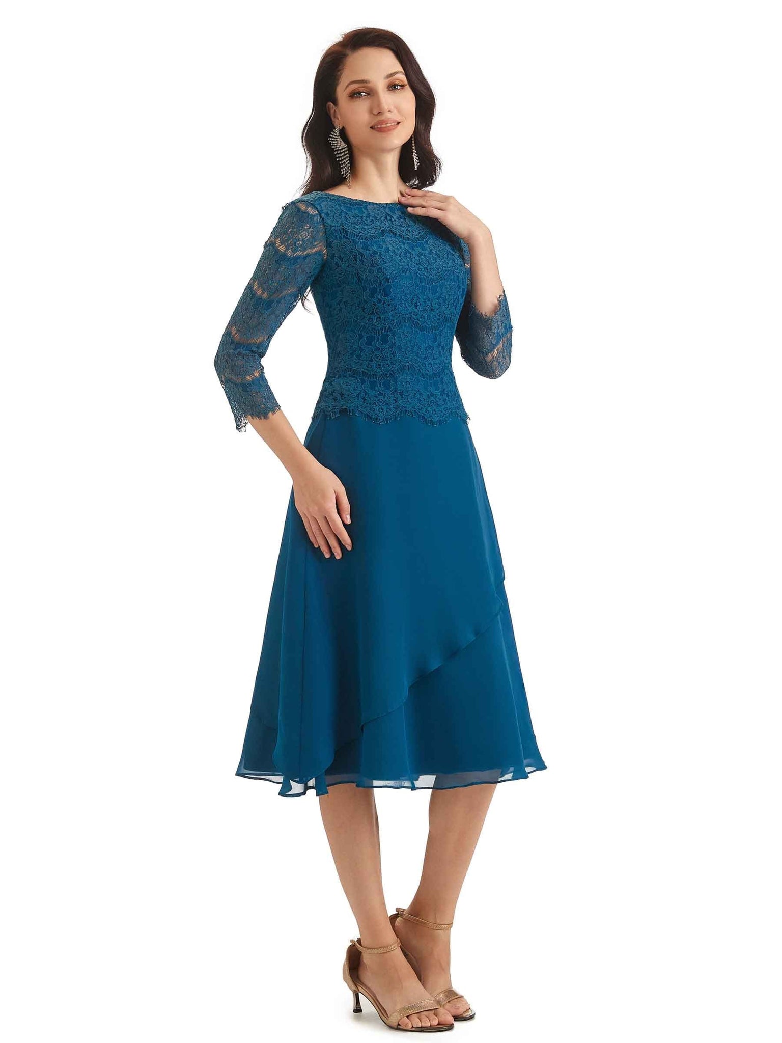 Elegant Long Sleeves Tea Length Lace Short Petite Mother of The Bride Dresses UK
