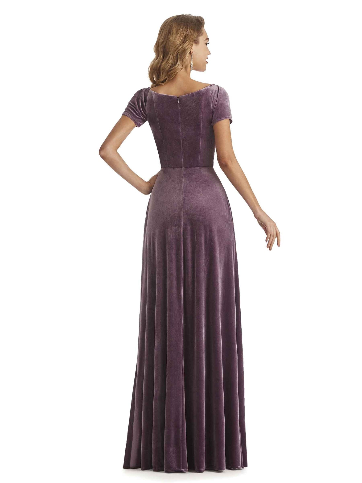 Elegant Velvet Short Sleeves Side Slit Long Bridesmaid Dresses Online UK