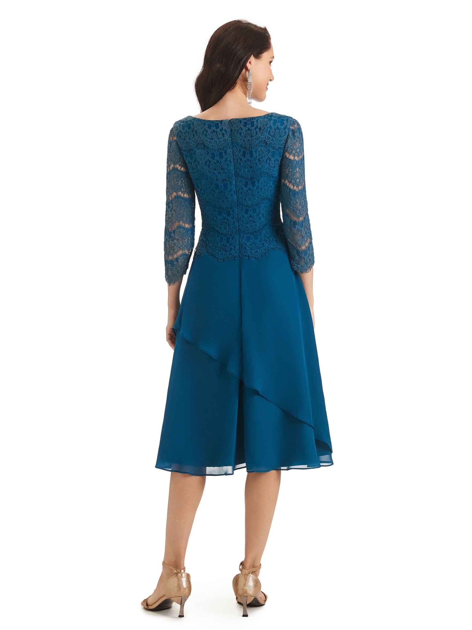 Elegant Long Sleeves Tea Length Lace Short Petite Mother of The Bride Dresses UK