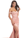 Sexy Side Slit Soft Satin Off Shoulder Floor-Length Long Mermaid Prom Dresses Online