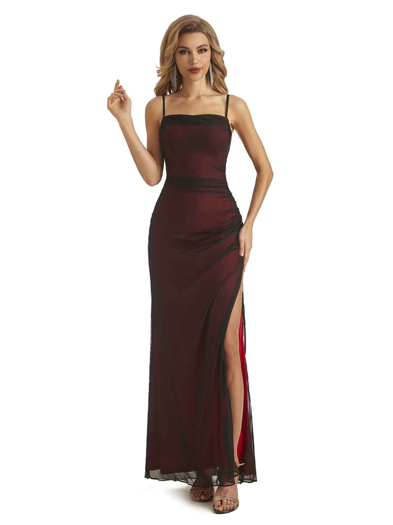 Sexy Dark Red Mermaid Spaghetti Straps Side Slit Floor-length Long Party Prom Dresses