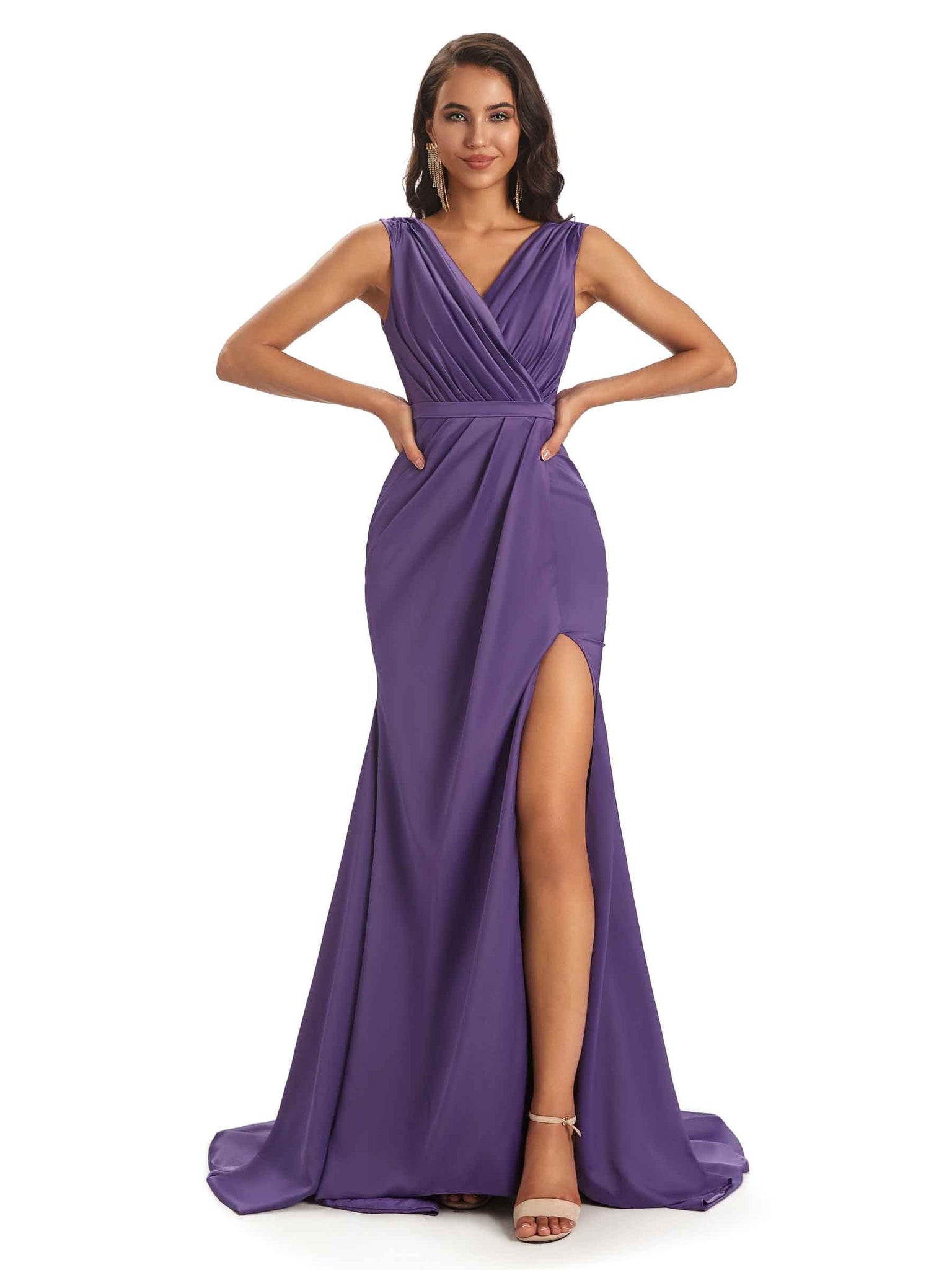 Sexy Soft Satin Side Slit V-neck Floor-Length Long Mermaid Bridesmaid Dresses UK