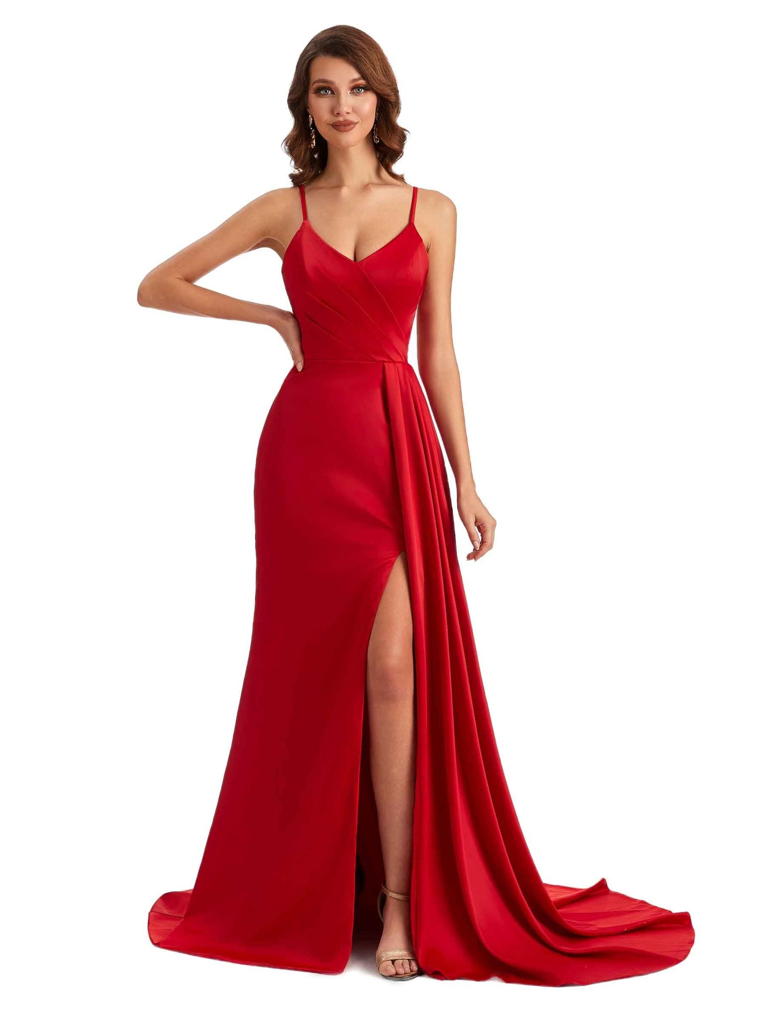 Sexy Side Slit Silky Satin Spaghetti Straps Women Long Mermaid Bridesmaid Gowns Uk