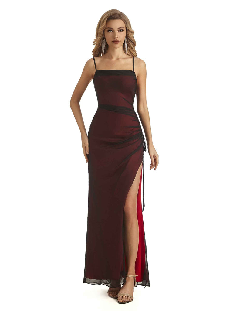 Sexy Dark Red Mermaid Spaghetti Straps Side Slit Floor-length Long Party Prom Dresses