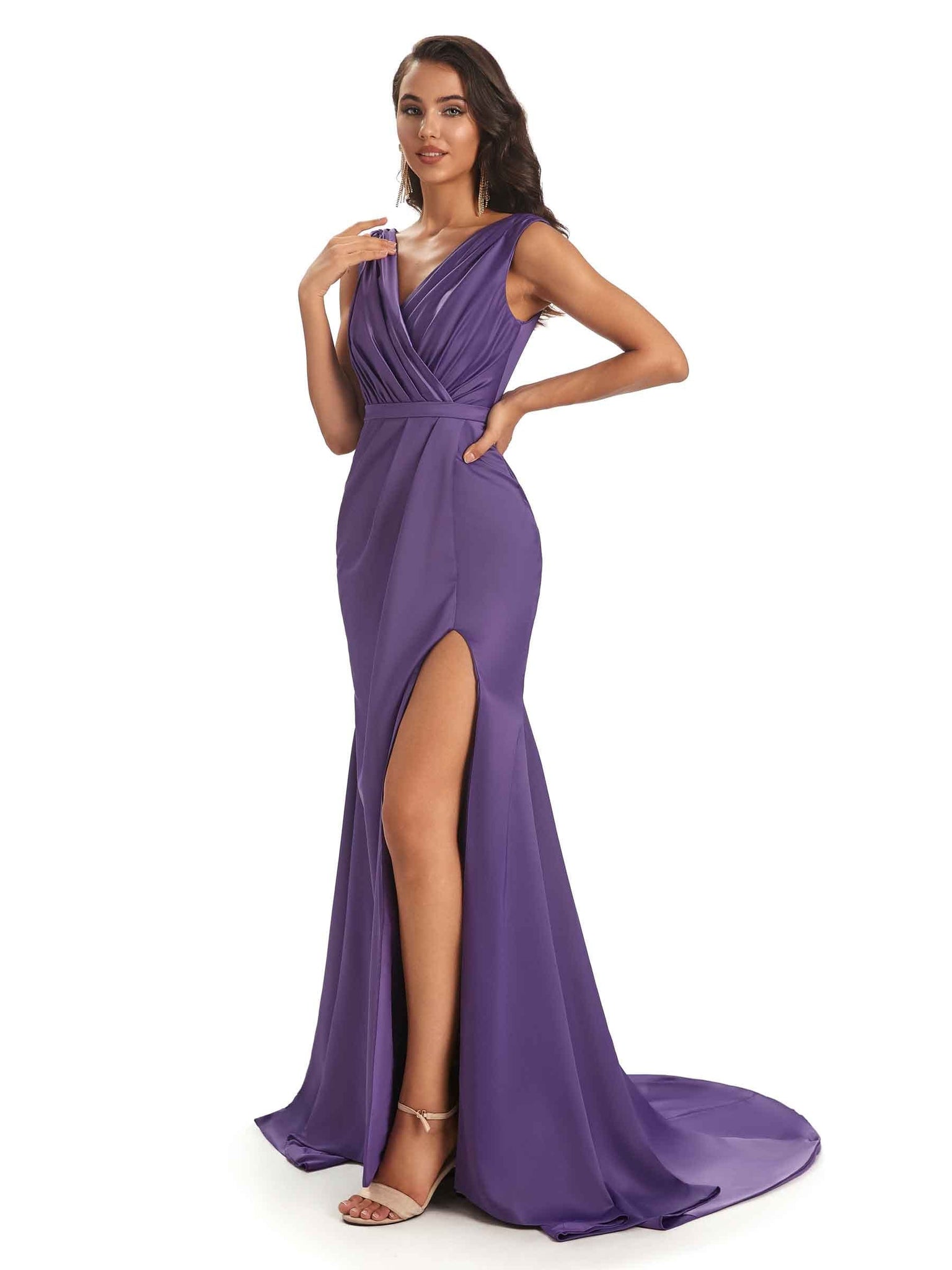 Sexy Soft Satin Side Slit V-neck Floor-Length Long Mermaid Bridesmaid Dresses UK