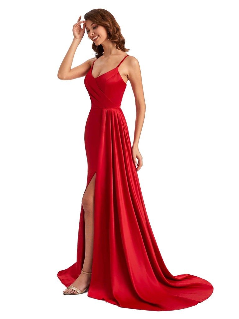 Sexy Side Slit Soft Satin Spaghetti Straps Unique Long Mermaid Bridesmaid Gowns Uk