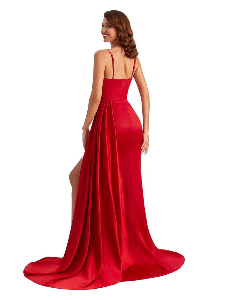 Sexy Side Slit Soft Satin Spaghetti Straps Unique Long Mermaid Bridesmaid Gowns Uk