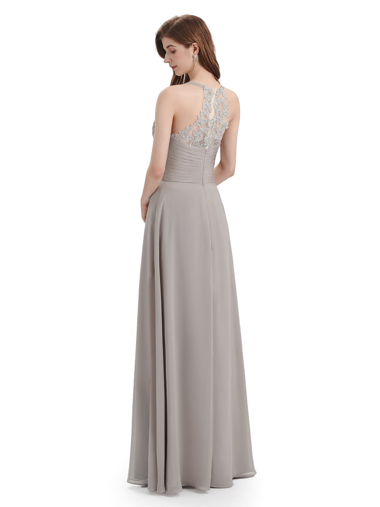 Elegant Spaghetti Strap Lace Back Long Chiffon Bridesmaid Dresses UK