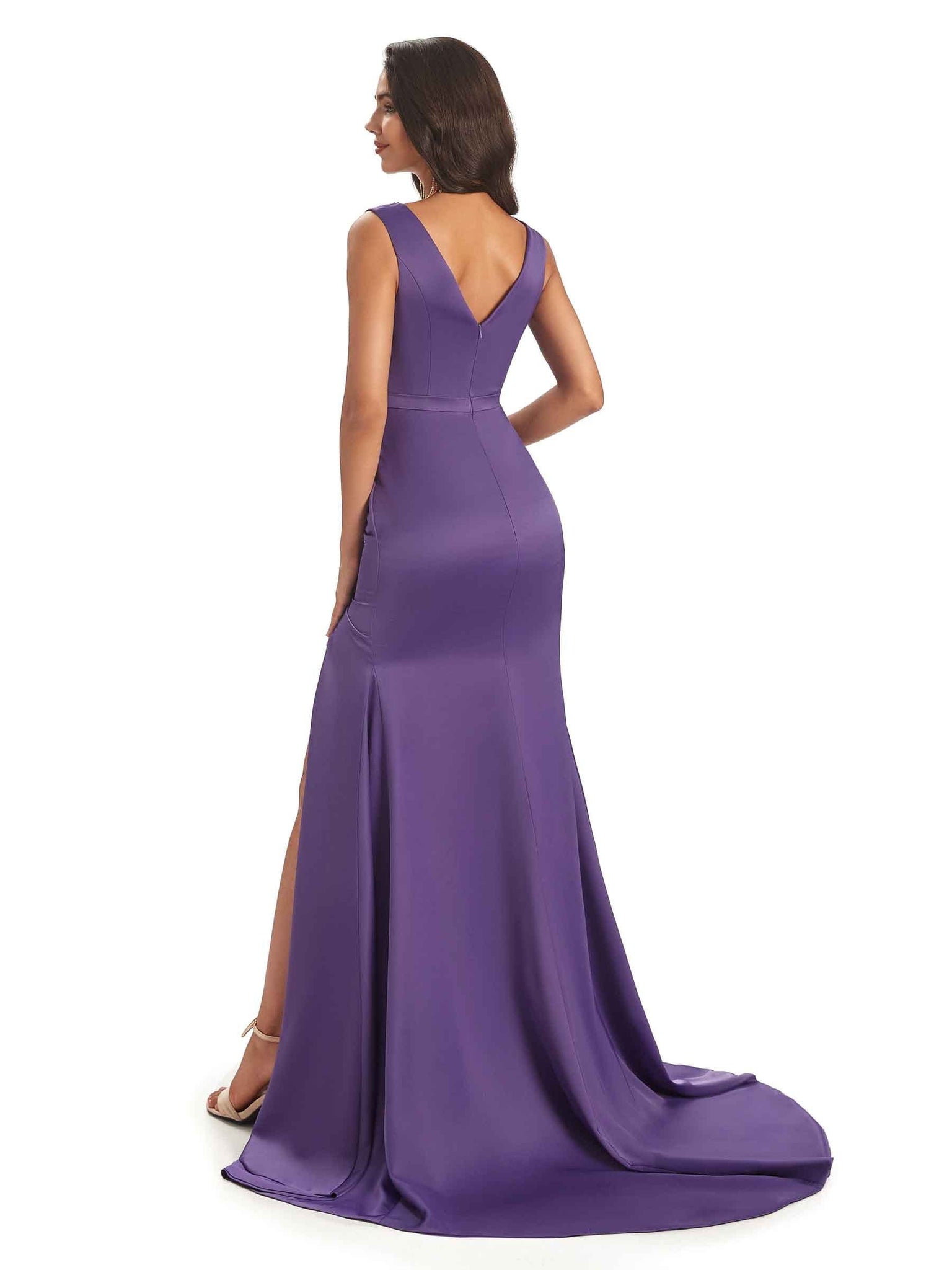 Sexy Soft Satin Side Slit V-neck Floor-Length Long Mermaid Bridesmaid Dresses UK