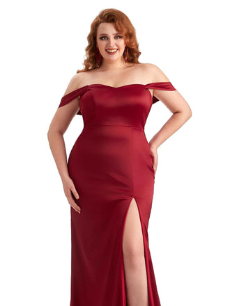 Simple Side Slit Off The Shoulder Mermaid Soft Satin Long Plus Size Maid of Honor Dresses