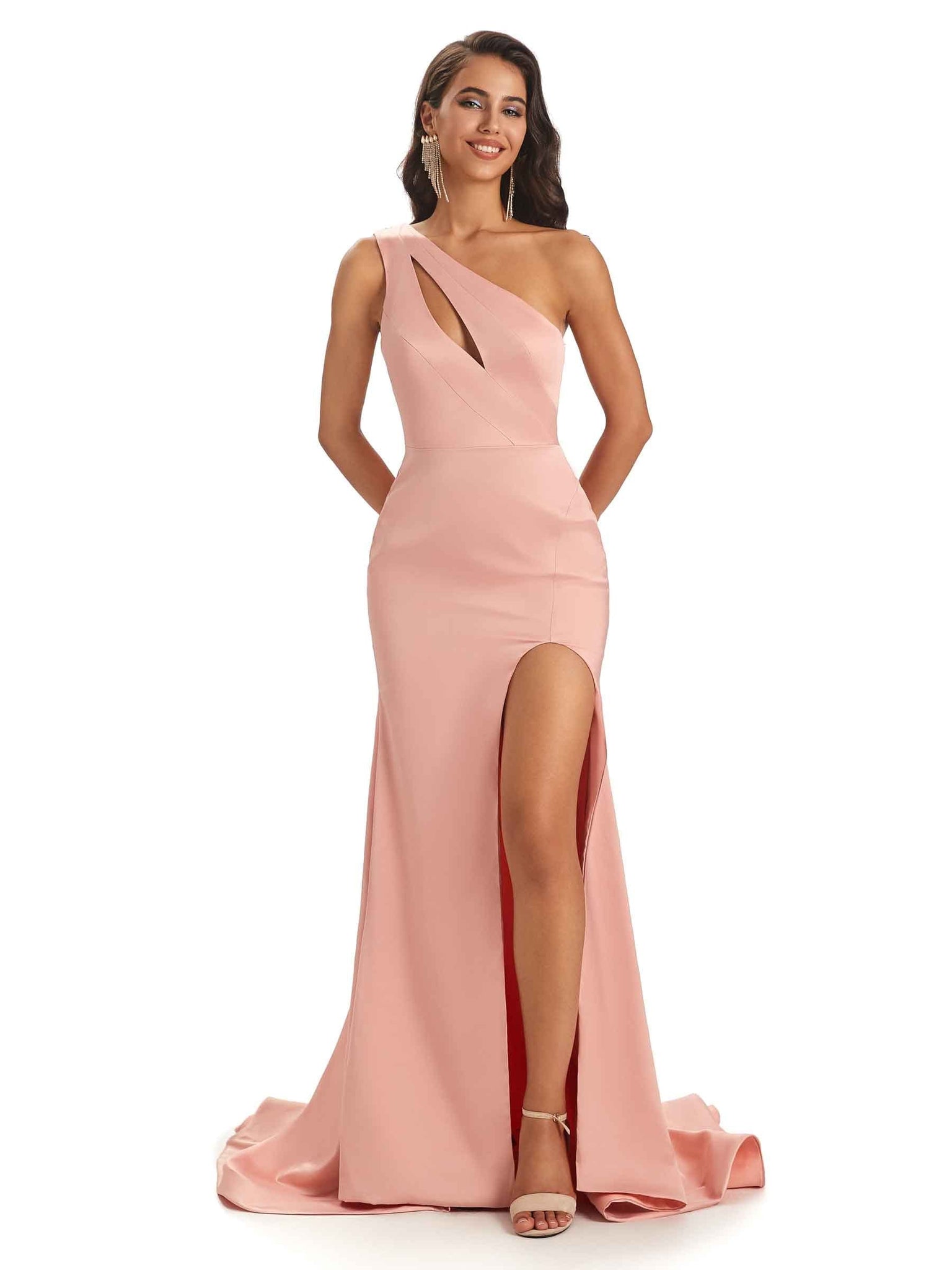 Sexy One Shoulder Satin Mermaid Long Bridesmaid Dresses UK WIth Slit