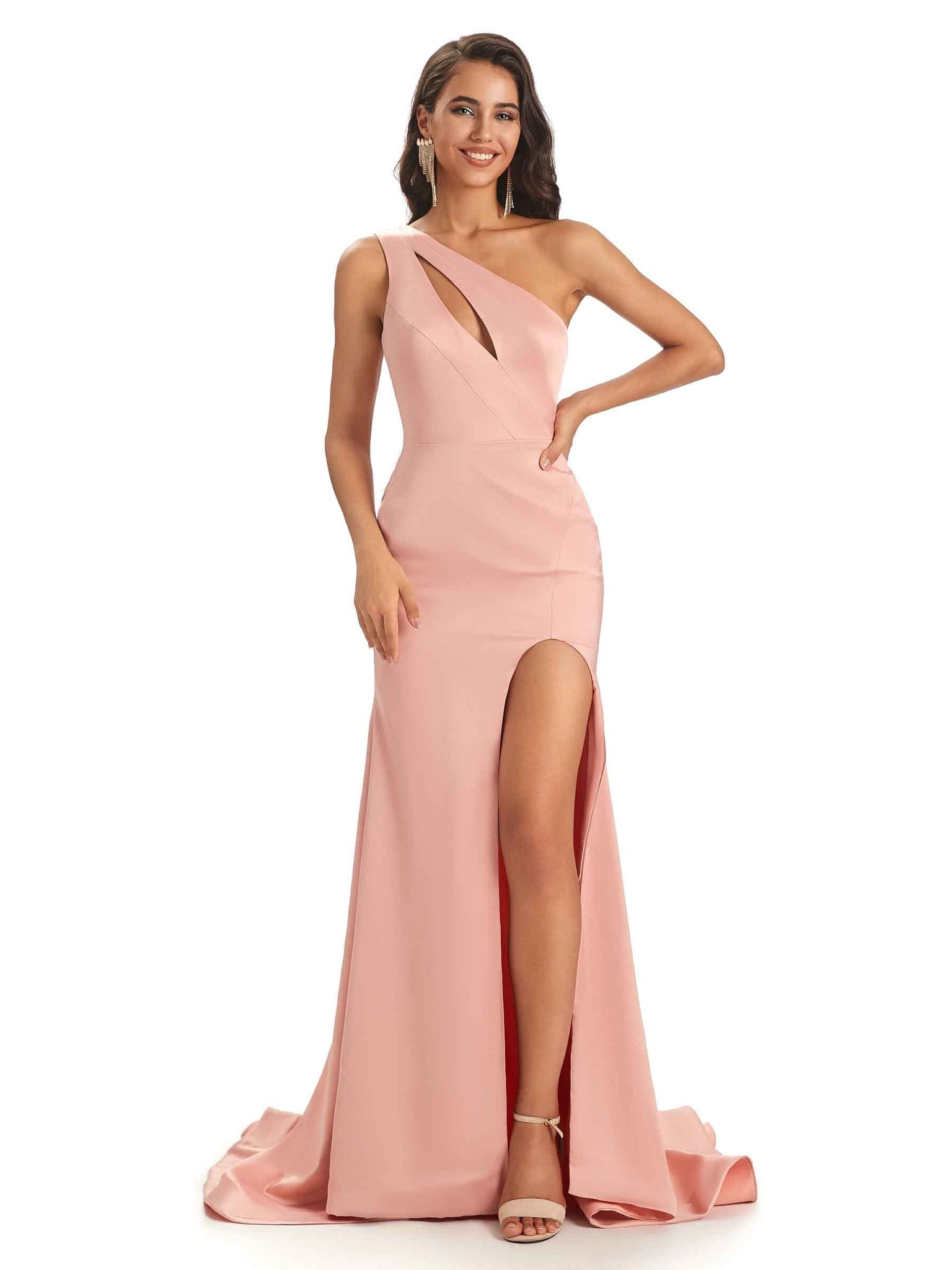 Sexy One Shoulder Satin Mermaid Long Bridesmaid Dresses UK WIth Slit