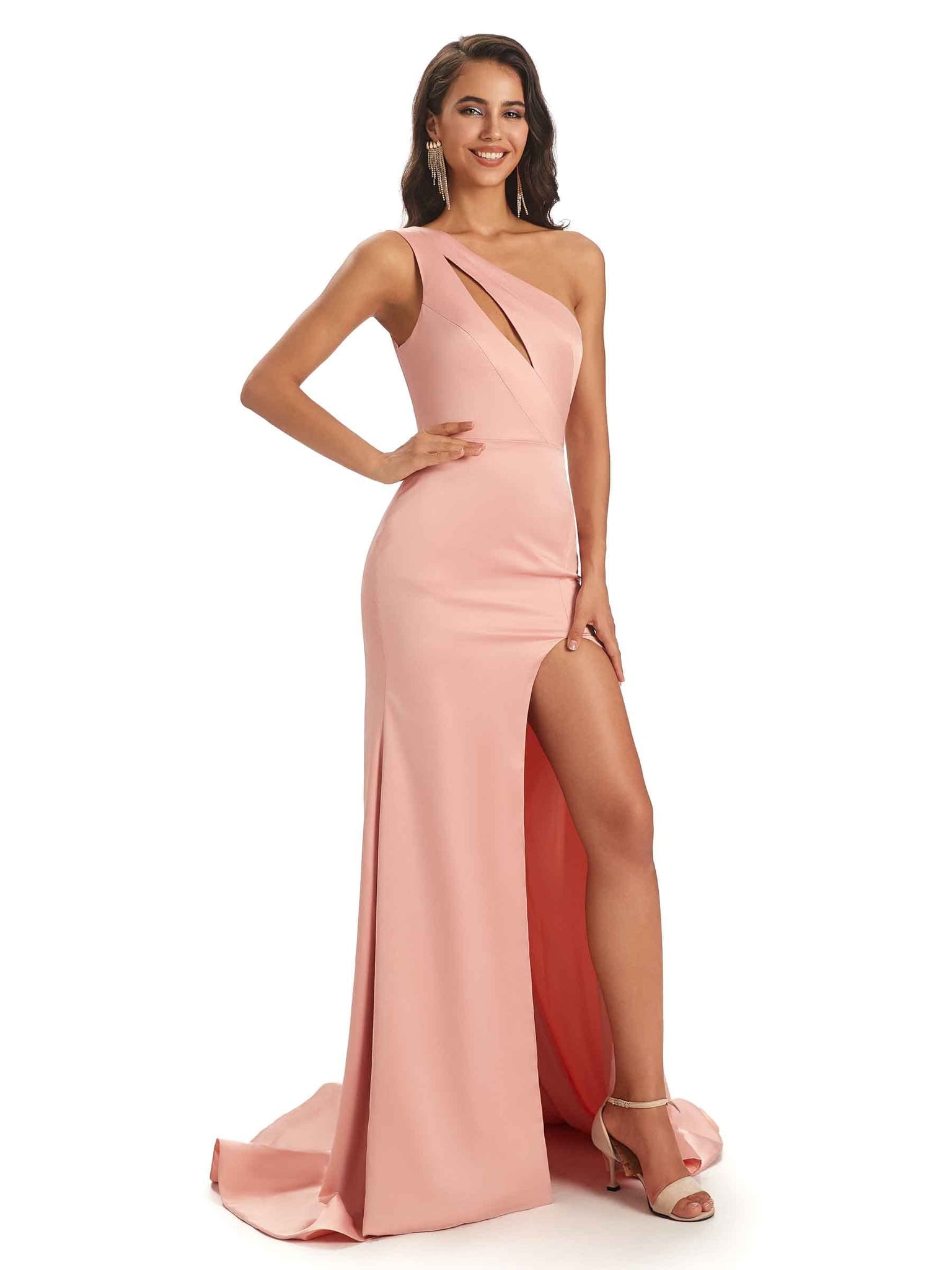Sexy One Shoulder Satin Mermaid Long Bridesmaid Dresses UK WIth Slit