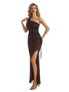Sexy Dark Red Mermaid One Shoulder Side Slit Floor-length Long Party Prom Dresses