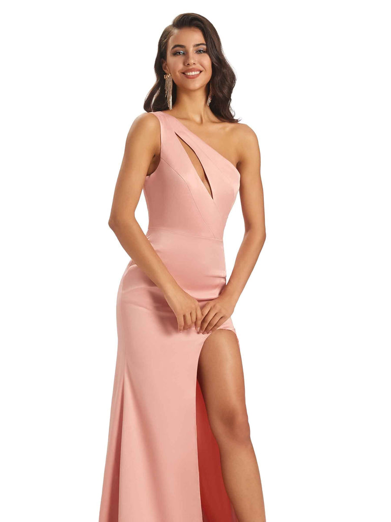 Sexy Soft Satin Side Slit One Shoulder Floor-Length Long Mermaid Prom Dresses