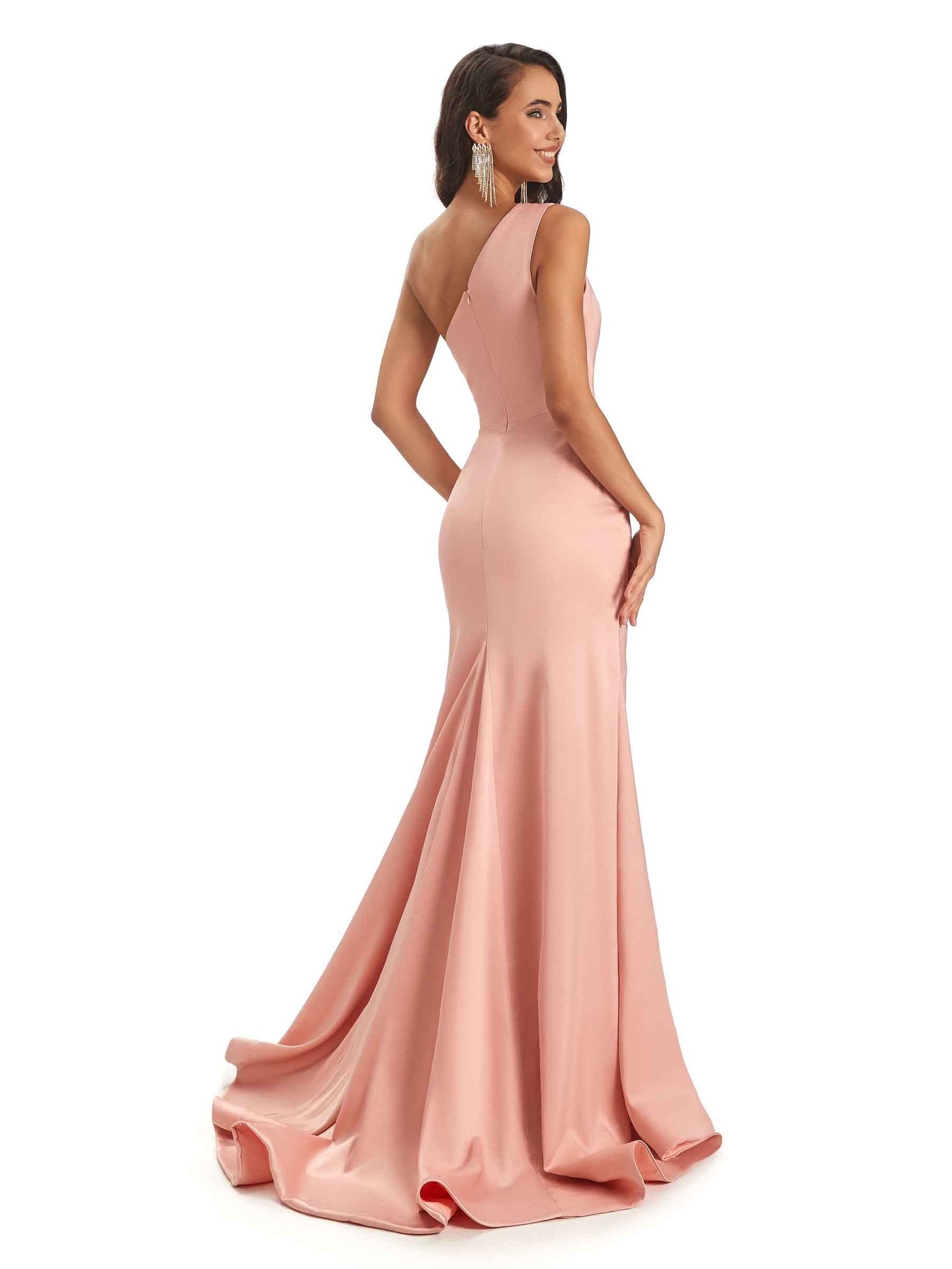 Sexy One Shoulder Satin Mermaid Long Bridesmaid Dresses UK WIth Slit