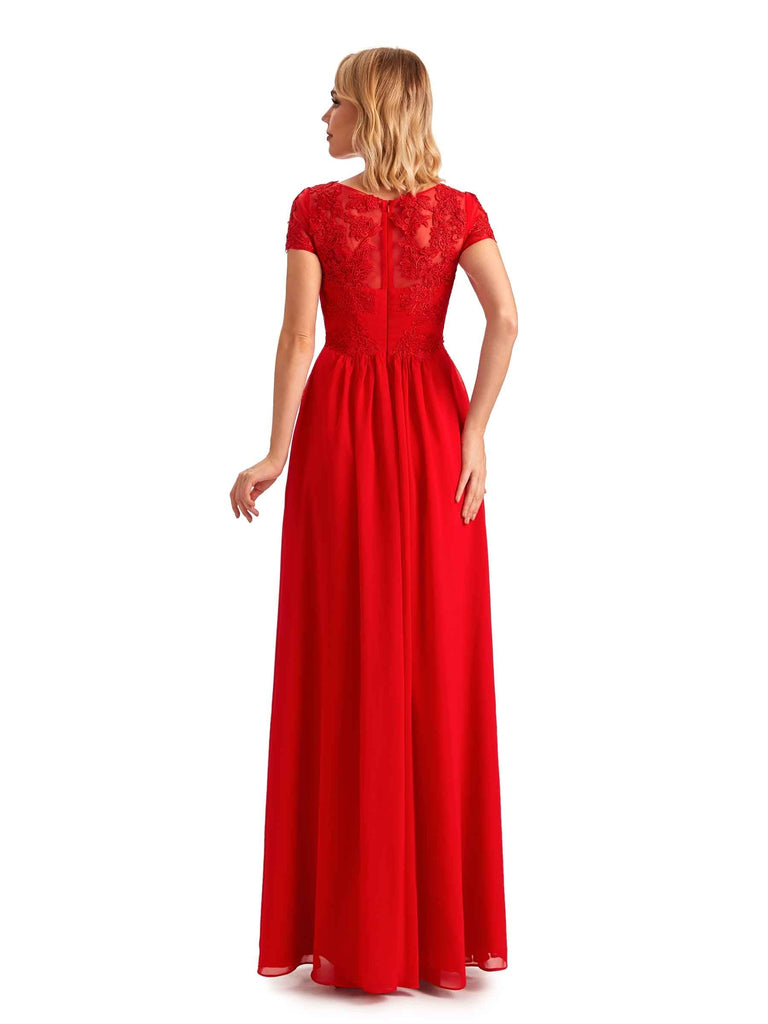 Elegant Jewel Side Slit Chiffon Short Sleeves Modern Long Mother of the Brides Dresses