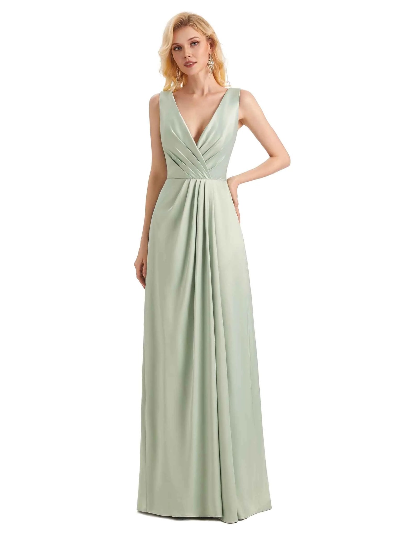 Elegant Soft Satin V neck Wrap Long Satin Prom Dresses 2023