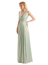 Elegant Soft Satin V neck Wrap Long Satin Bridesmaid Dresses UK