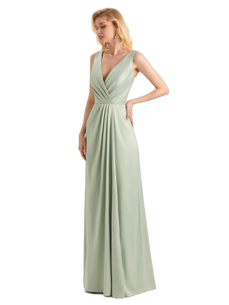 Elegant Soft Satin V neck Wrap Long Satin Bridesmaid Dresses UK